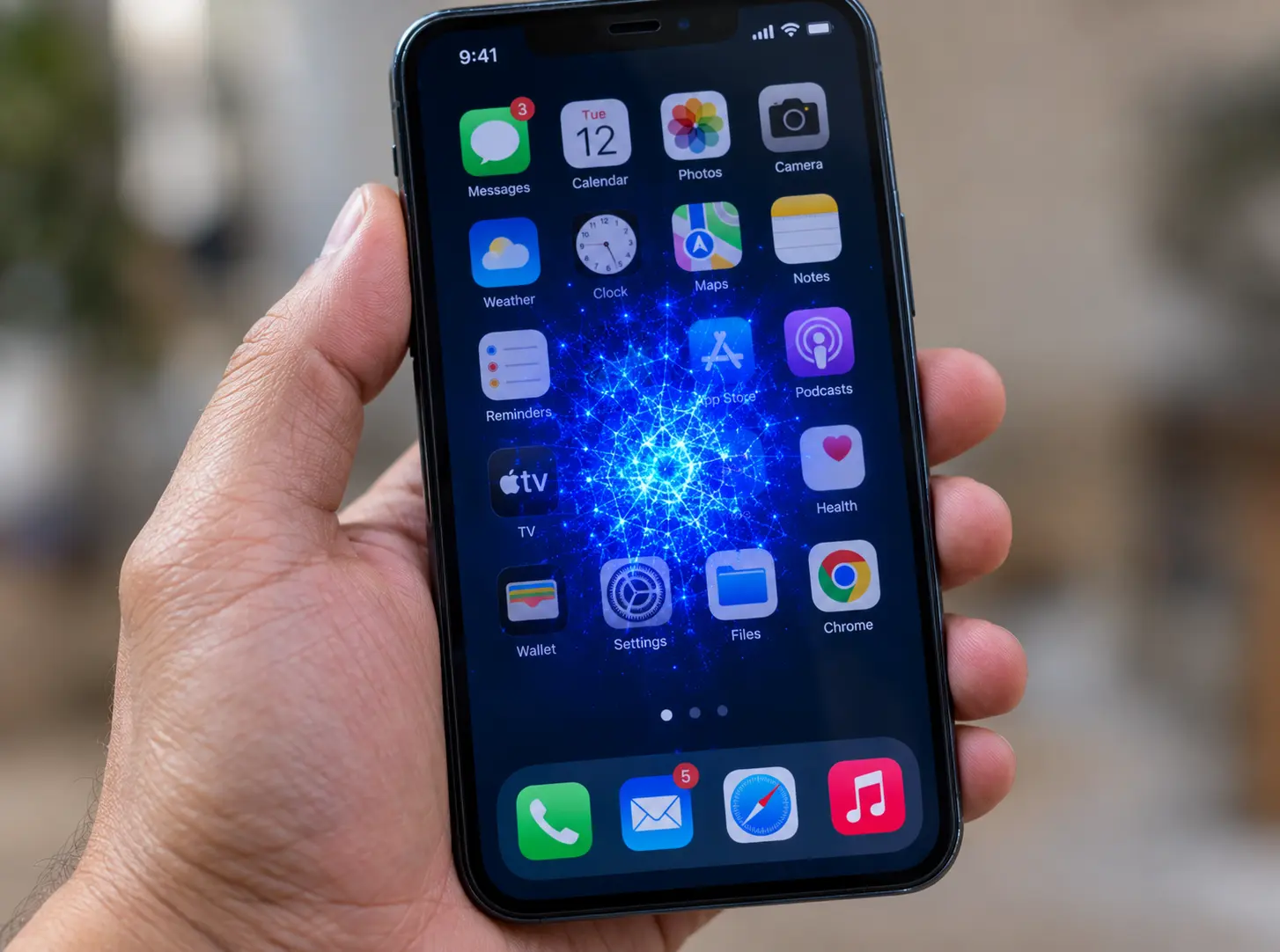 Hand holding a smartphone with a bright blue crystalline cluster on the center of the screen.