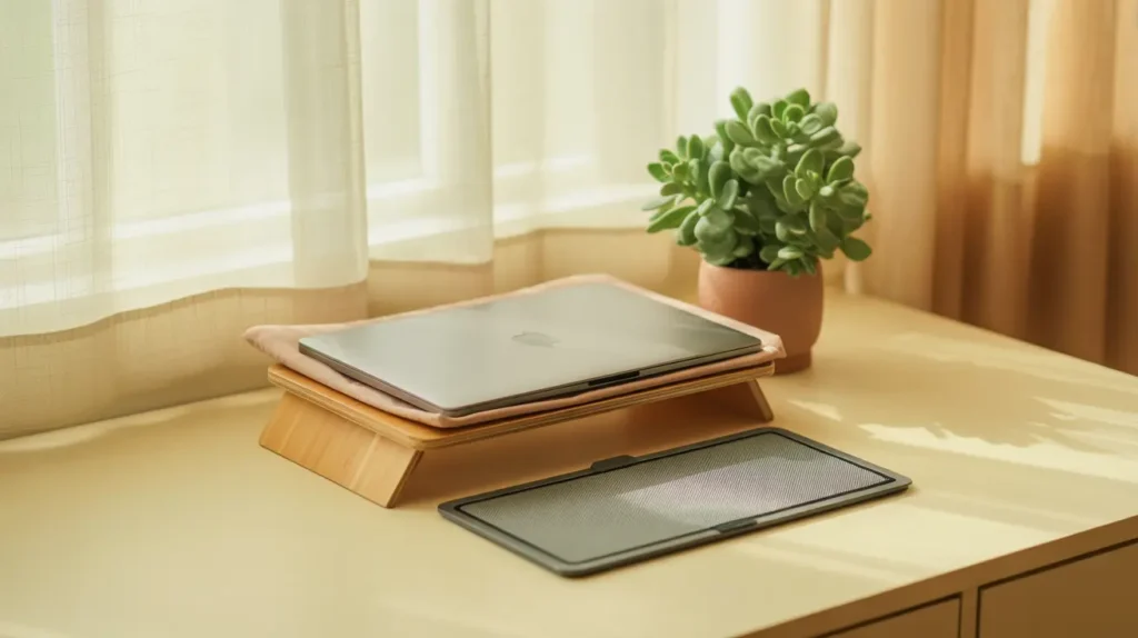 A MacBook Pro resting safely on a stand near a sunny window.
