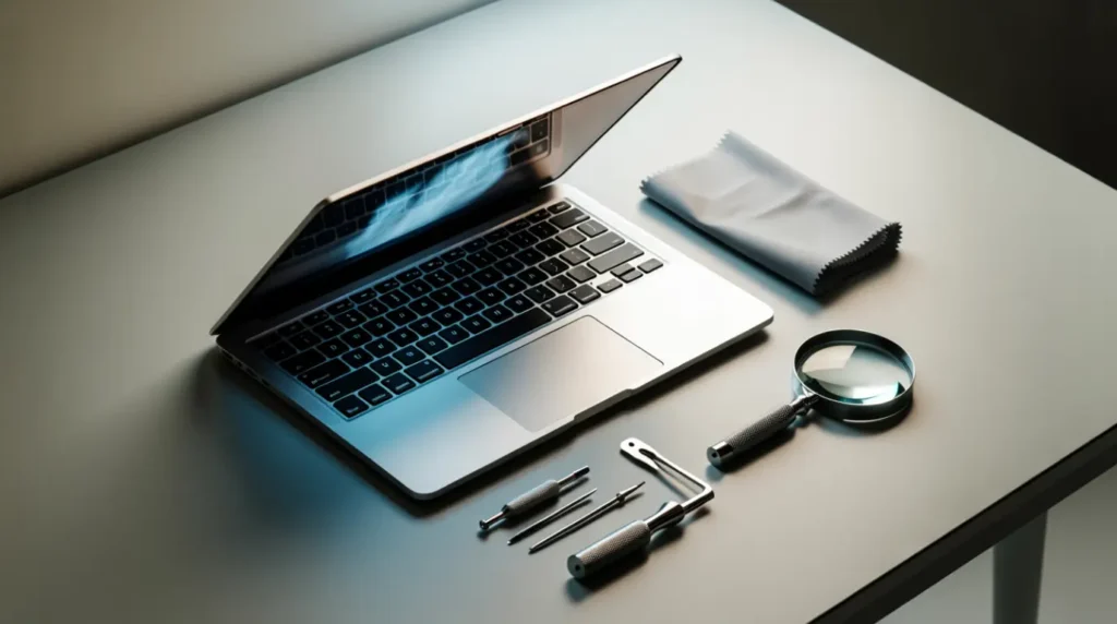 Tools laid out near a MacBook to inspect the cause of a screen red dot.

