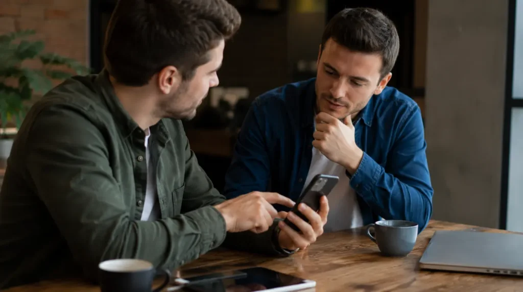 Two people discussing common questions about the Messenger white screen problem.