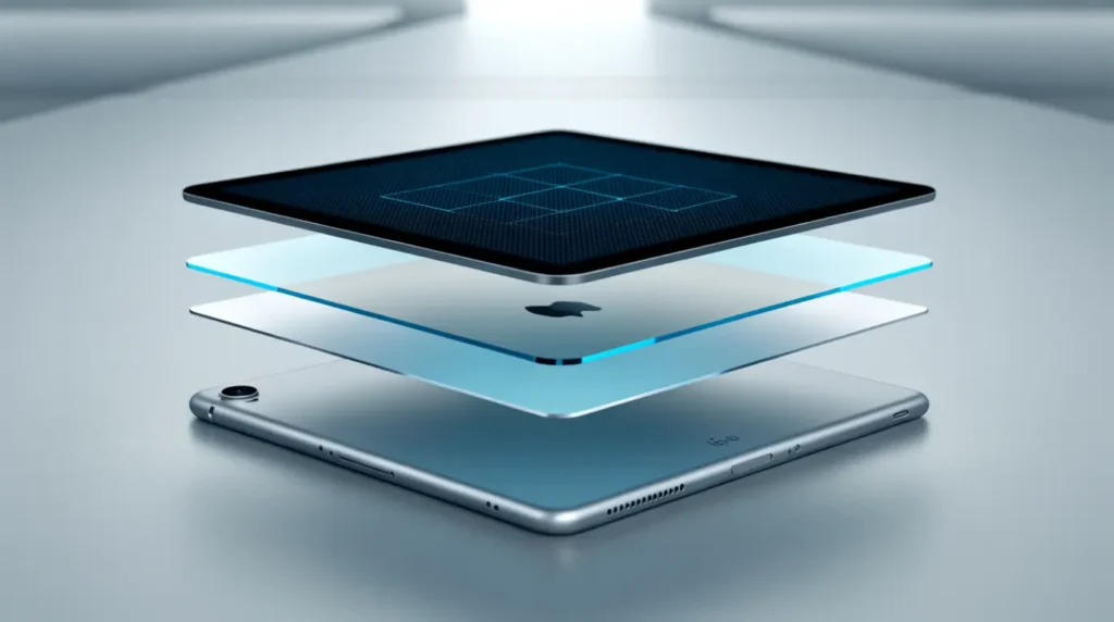 Illustration showing the separated internal layers of an iPad display panel.
