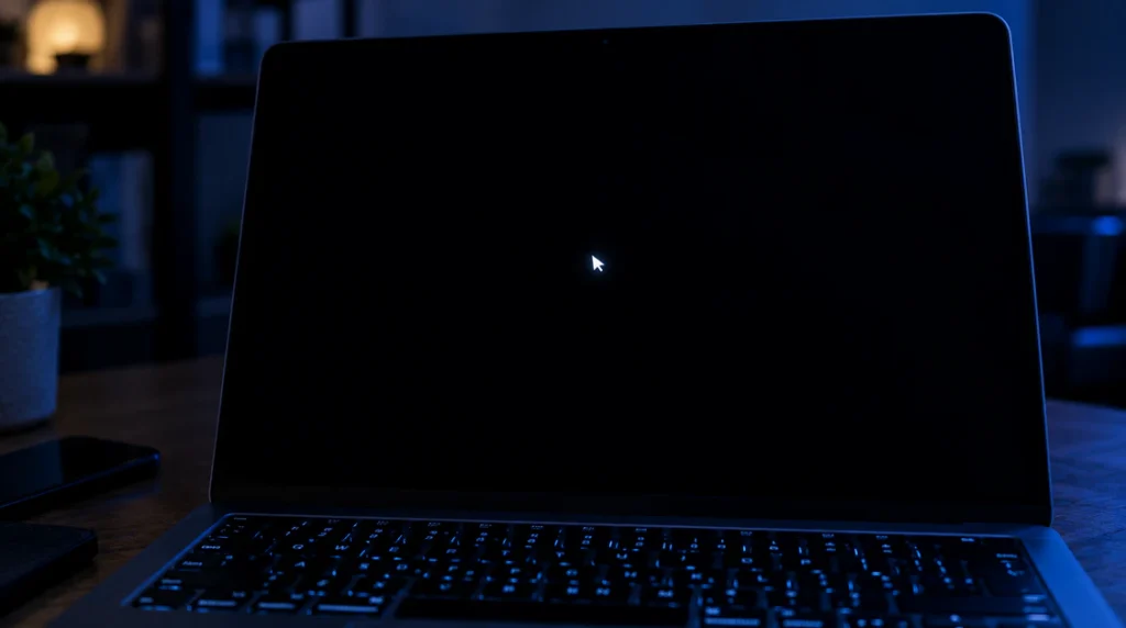 Laptop screen completely black with only a faint white mouse cursor visible