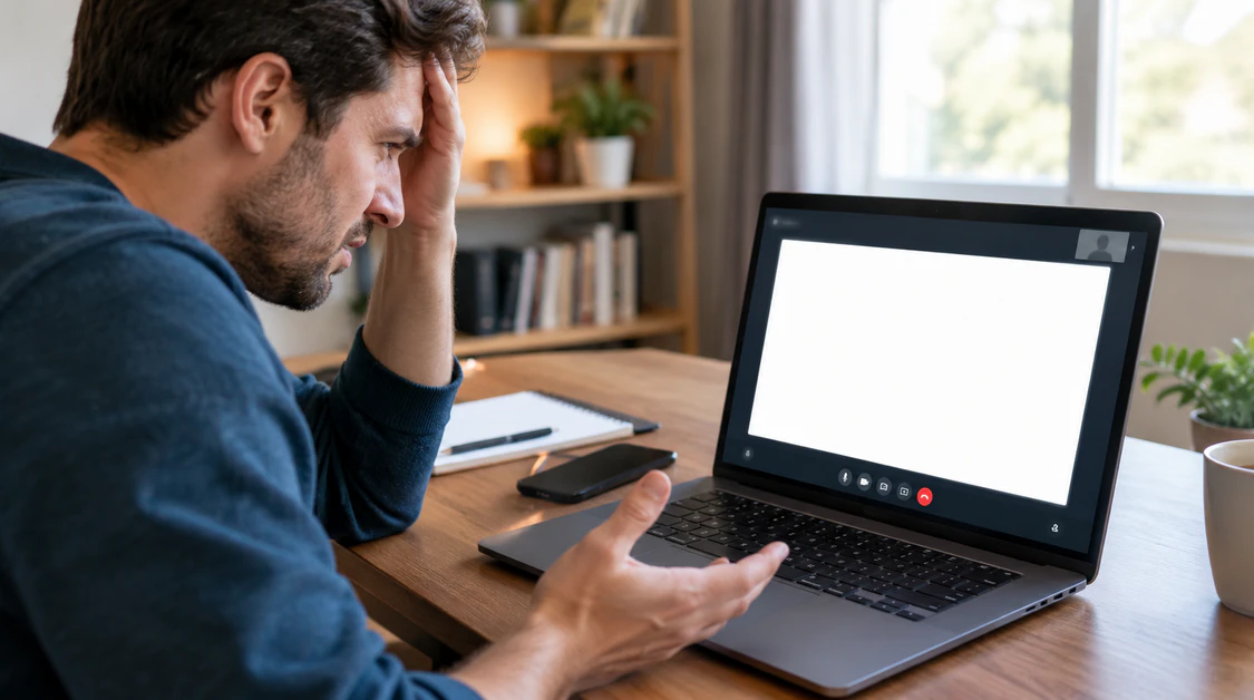 Person frustrated by a Google Meet white screen on laptop during a video call