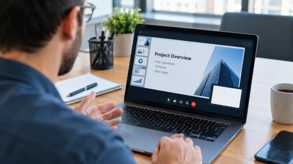 Presenter sharing slides on laptop while screen share preview shows white screen in Google Meet