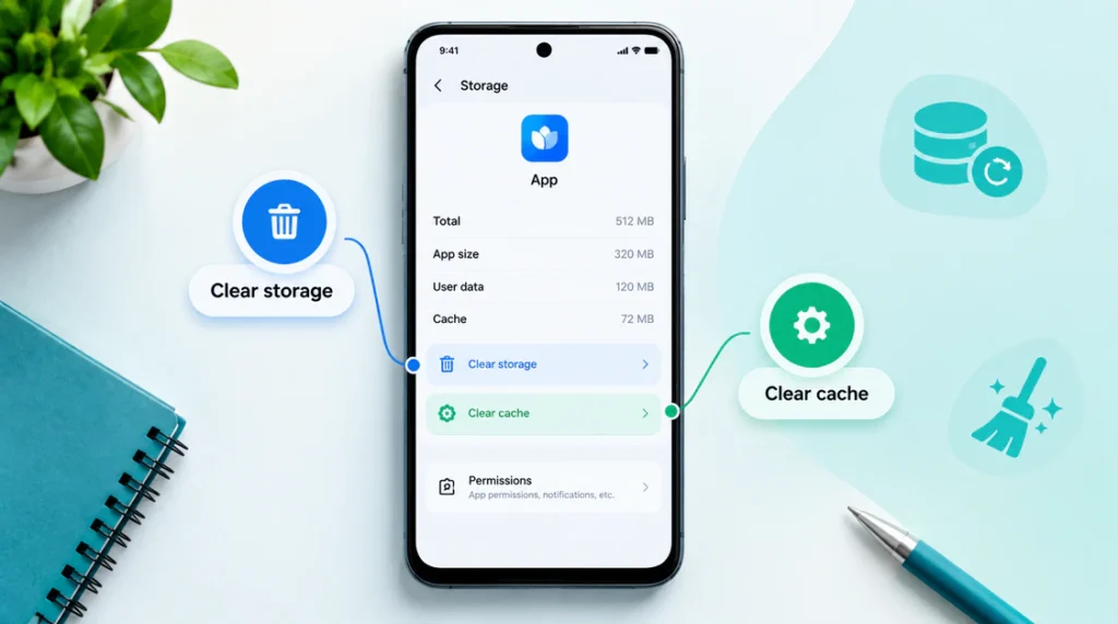Smartphone settings screen showing app storage and cache clearing options