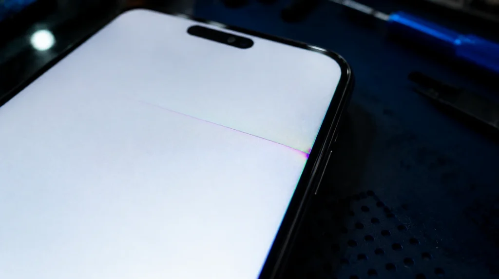 Close-up of smartphone screen at an angle showing a faint line and bleed on white display