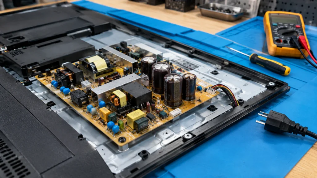 Monitor power board with bulging capacitors on a repair bench, power cord unplugged