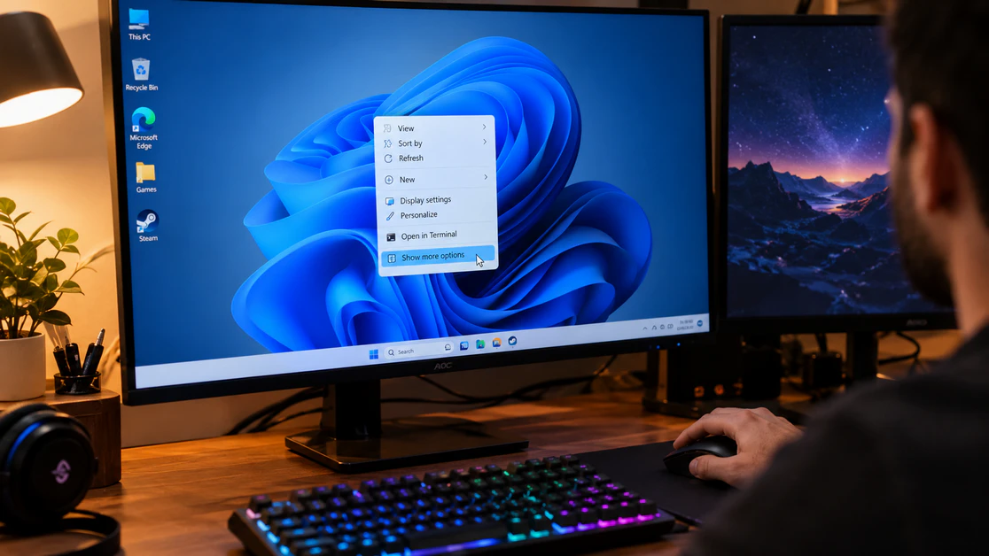 Man right-clicking Windows 11 desktop with NVIDIA Control Panel missing from the context menu