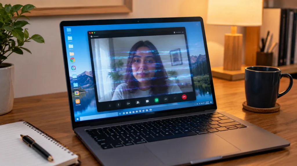 Laptop screen showing video call window flickering while rest of desktop stays normal