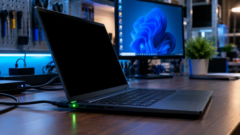 Laptop with completely black unresponsive screen next to working external monitor, display hardware fault